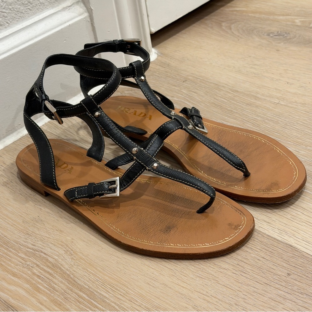 Prada Women's Black and Tan Sandals - Picture 2 of 6